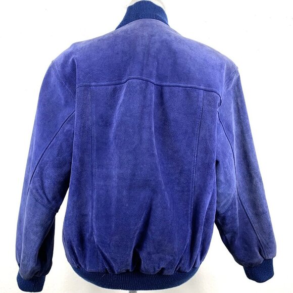 Vintage Bomber Jacket Size Medium Greg Bell Faux Suede Shoulder Pads Blue - Picture 2 of 11